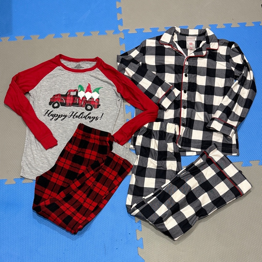 Bundle of kids holiday flannel plaid pajamas size 8, 8-10